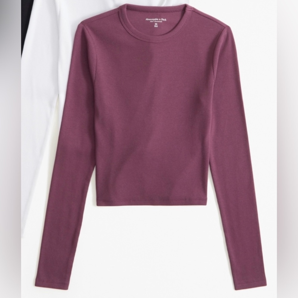 Abercrombie Essentials Long-Sleeve Ribbed Crew Top - Size L Burgundy
